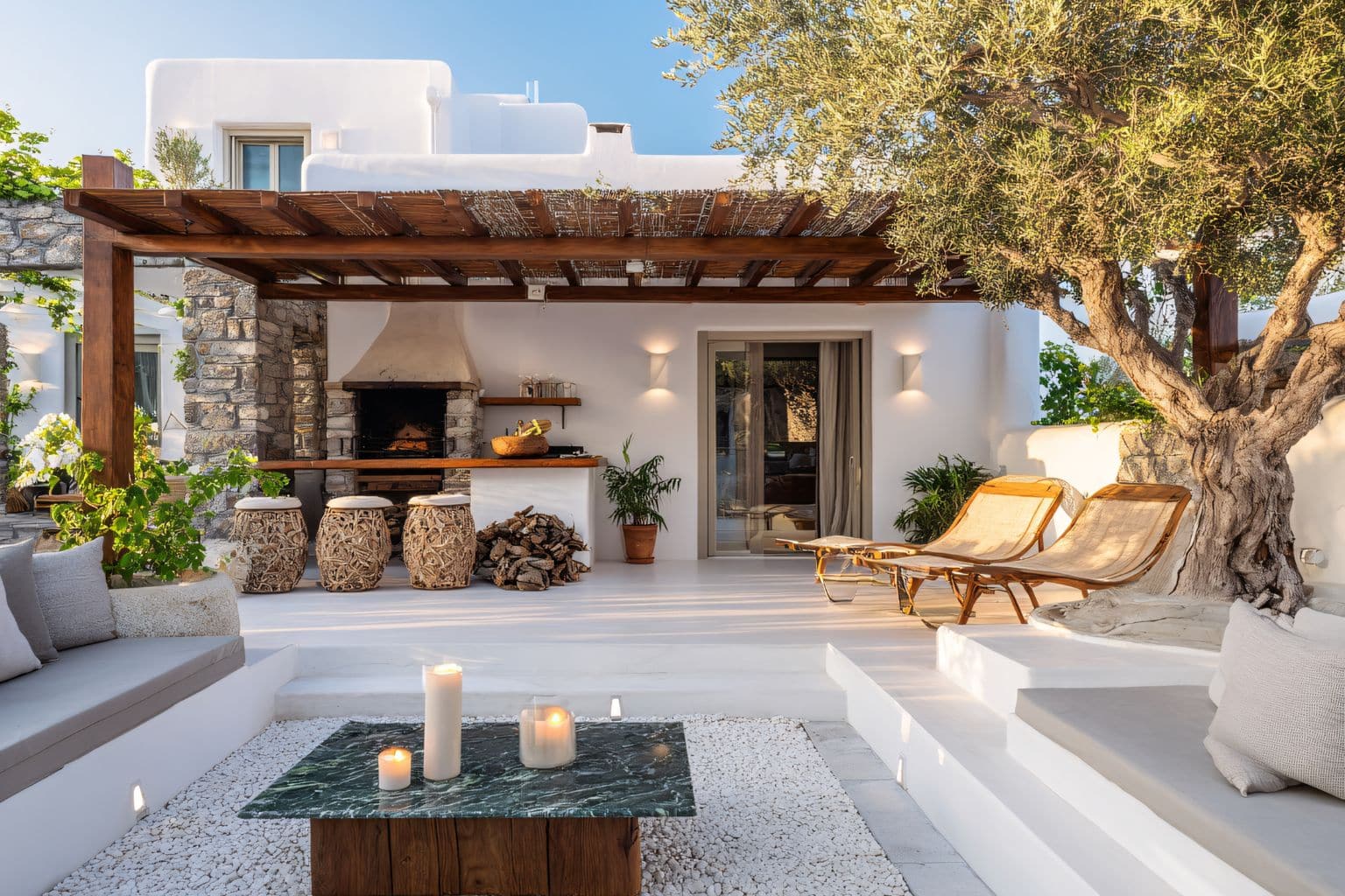 Residential Landscaping Perth: Outdoor living space with pergola, fireplace, seating, & olive tree. Stylish Perth landscaping design.